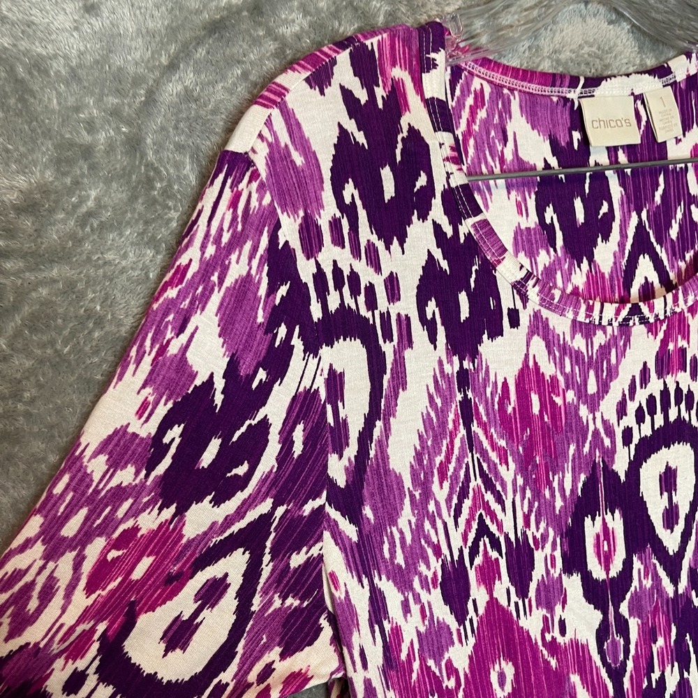 Chicos 1 Women Asymmetrical Colorful Aztec Geo Artsy Print Stretch Tunic‎ Top M